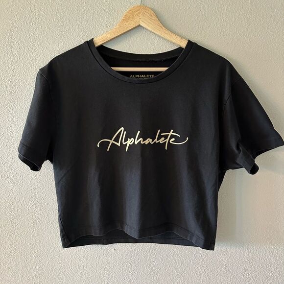 Alphalete Women’s Crop Short Sleeve Logo Tee in Black and Gold Size XXL - Picture 1 of 3